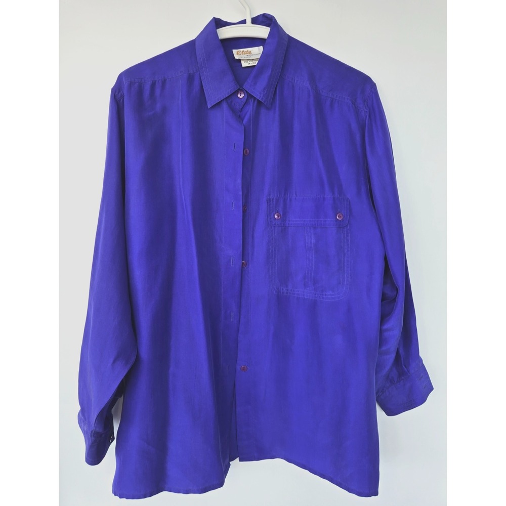 Vtg Silk Shirt Women sz L Indigo Cobalt Blue Utility Retro 90s Grunge Colorblock